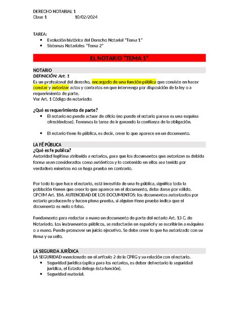 Apuntes DE Clase Parcial 1 DERECHO NOTARIAL 1 Clase 1 10 02 TAREA