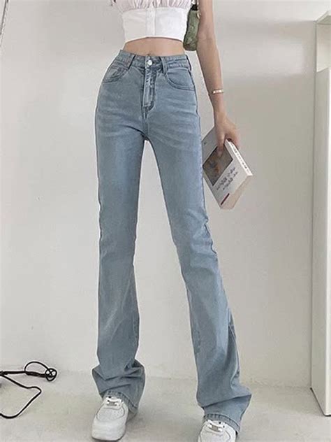 Emmiol Free Shipping Light Washed High Waist Flare Jeans Blue S In