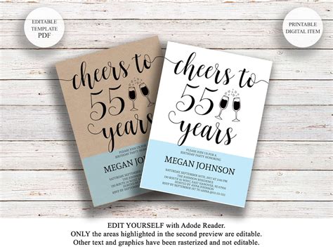 Editable 55th Birthday Invitation Cheers To 55 Years Rustic Etsy