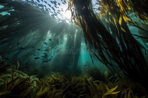 Bosque De Kelp Con Escuelas De Peces Nadando Entre Los Fronds Stock De