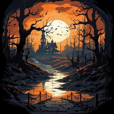 Cuadro De Escena De Halloween Con Castillo En Medio Del Bosque Vector