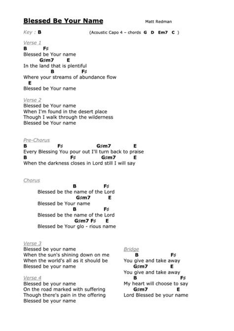 Blessed Be Your Name B Matt Redman Acoustic Guitar Chords Chart | Hot Sex Picture