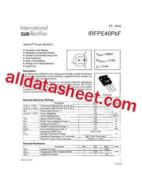 IRFPE40PBF 데이터시트 PDF International Rectifier