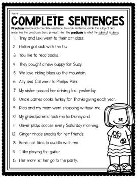 Complete And Incomplete Sentences Subject And Predicate Worksheet