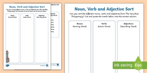 Noun Verb And Adjective Sorting Activity To Support Teaching On The Very Blue