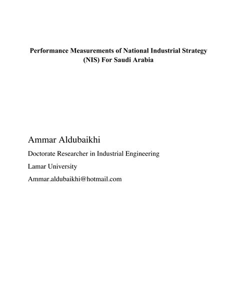 Pdf Performance Measurements Of National Industrial Strategy Nis