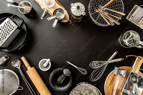 Kitchen Utensils Cooking Tools On Black Background Free Copy Space