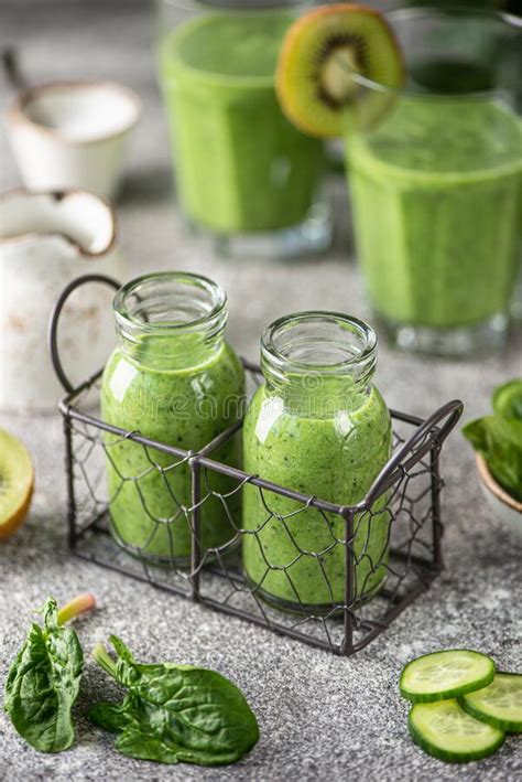 Healthy Spinach Cucumber Kiwi Parsley Smoothie With Mineral Water