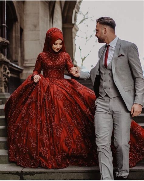 Red Bridal Ball Gown Abaya Muslim Beaded Lace Wedding Dresses Lb