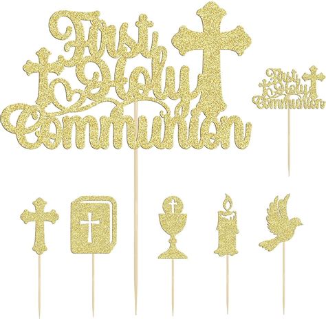 13Pcs First Holy Communion Cupcake Toppers Gold Glitter First Communion