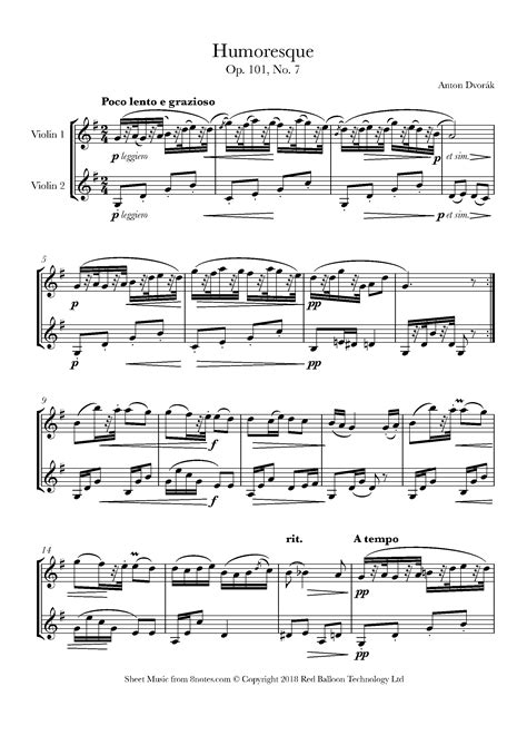 Dvo K Humoresque Op No Sheet Music For Violin Duet