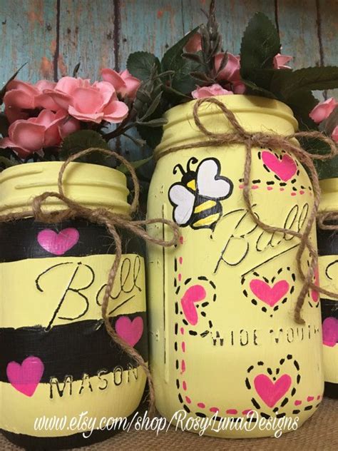 Bumble Bee Decor Hand Painted Mason Jar Set Housewarming Bee Decor