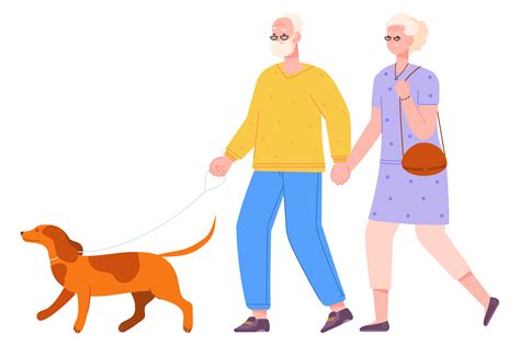 Happy Seniors Walking with Dog on Leash. Graphic by smartstartstocker ...