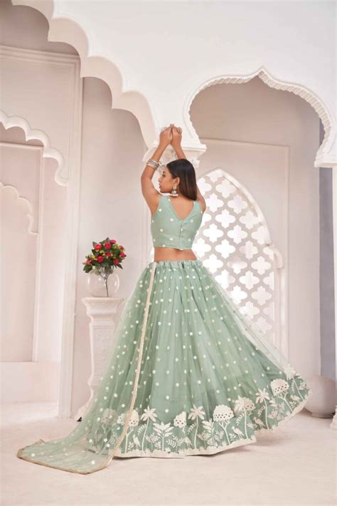 Pista Green Net Lehenga Choli Lotus Lehenga Choli