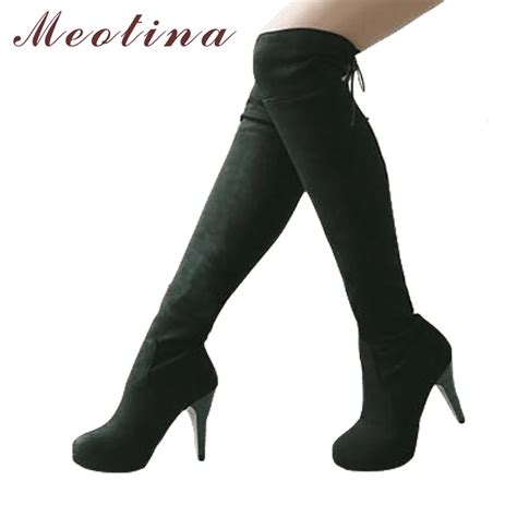 Meotina Winter Thigh High Boots Lace Up Over The Knee Boots Shoes Women