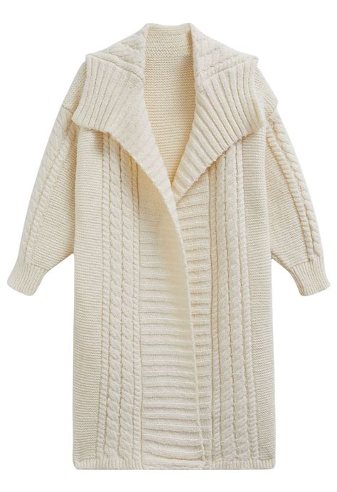 Flap Collar Cable Knit Longline Cardigan In Cream Retro Indie And Unique Fashion