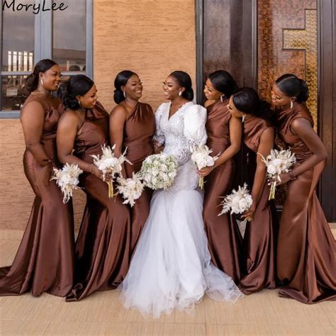 Brown Bridesmaid Dresses Mermaid One Shoulder Sleeveless Floor Length