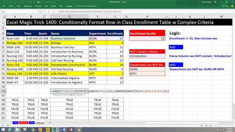 Excel Magic Trick 1400 Conditionally Format Row In Class Enrollment Table With Complex Criteria