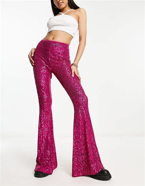 Asos Design Extreme Flare Sequin Pants In Pink Asos