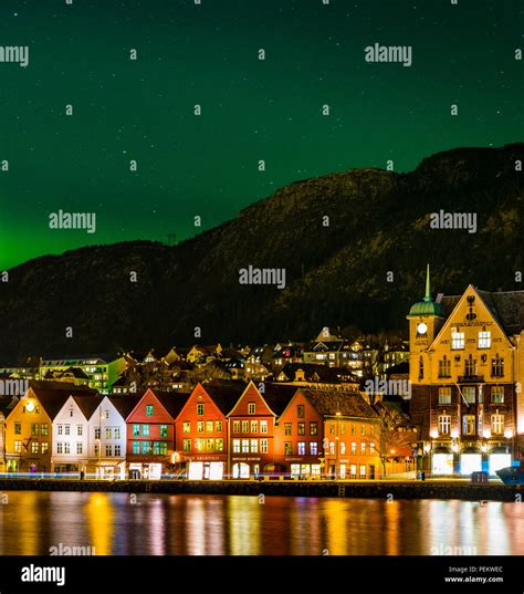 Northern Lights above Bryggen in Bergen, Norway Stock Photo - Alamy