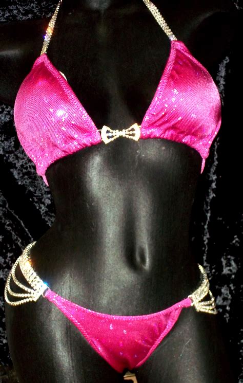 Style Hot Pink Metallic Hologram Competition Bikini With Rhinestone