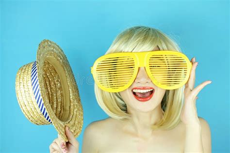 Happy Naughty Blonde Hair Woman With Large Funny Glasses Stock Photo Image Of Girl Halloween