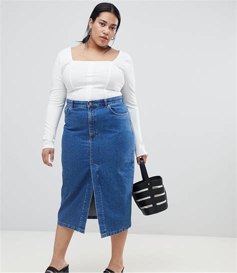 Asos Curve Denim Midi Skirt With Split Front