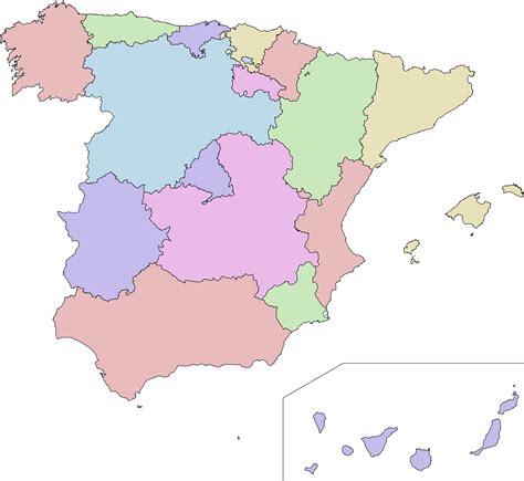 Mapa Mudo coloreado de las Comunidades Autónomas de España Tamaño