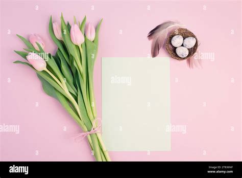 Easter Holiday Background Wicker Nest With Small Eggs Branches Of Pussy Willow Pastel Color