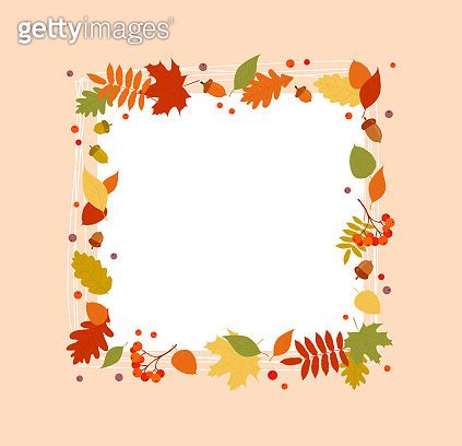 Rectangular Autumn Frame With Colorful Leaves Berries And Acorns Flat