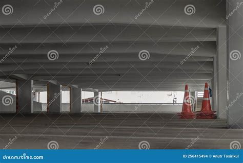 Orange Traffic Cones in Parking Lot Building. Perspective View of ...