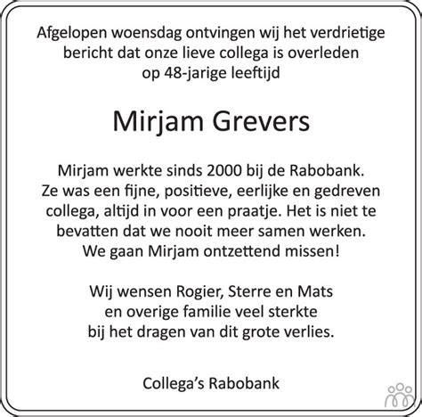 Mirjam Grevers Overlijdensbericht En Condoleances