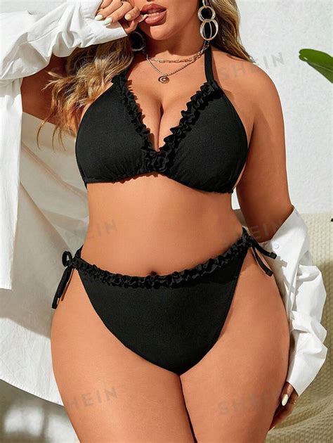 SHEIN Swim Curve Conjunto De Bikini De Dos Piezas Con Parte Superior De Encaje De Cuello Halter