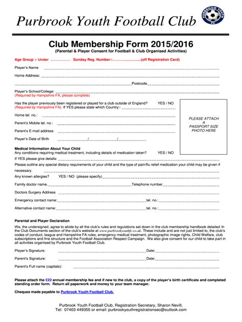 Purbrook Youth Football Club Membership Form 2016 Fill And Sign