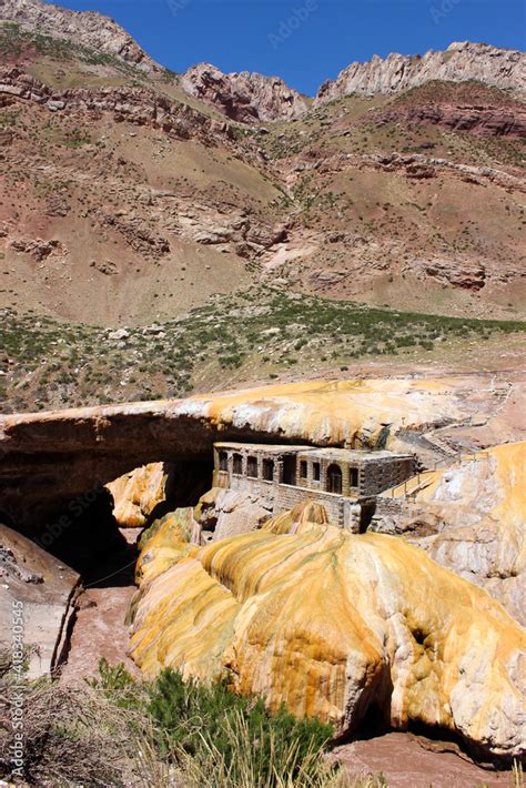 Thermal hotel ruins on Puente del Inca (Inca Bridge) over Las Cuevas ...