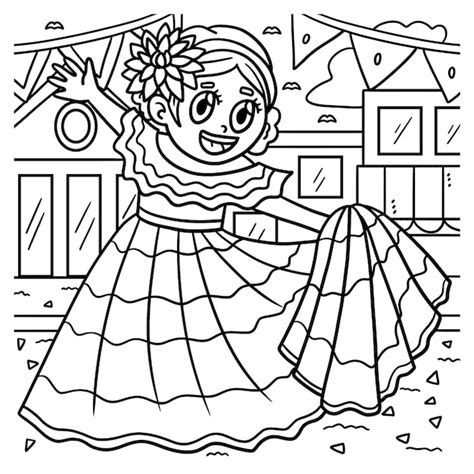 Niña bailando cinco de mayo página para colorear para niños Vector