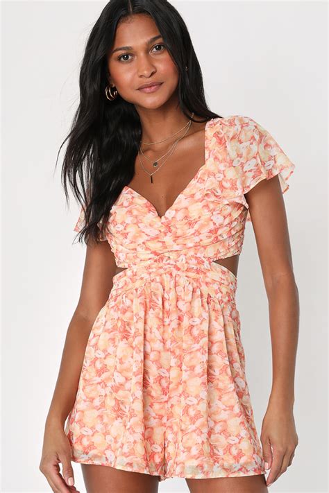 Orange Floral Romper Lace Up Romper Backless Floral Romper Lulus