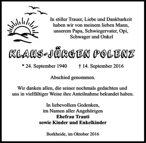 Traueranzeigen von Klaus Jürgen Polenz trauer anzeigen de