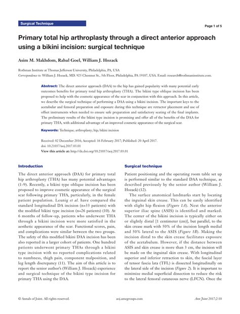 PDF Primary Total Hip Arthroplasty Through A Direct Anterior Approach Using A Bikini Incision