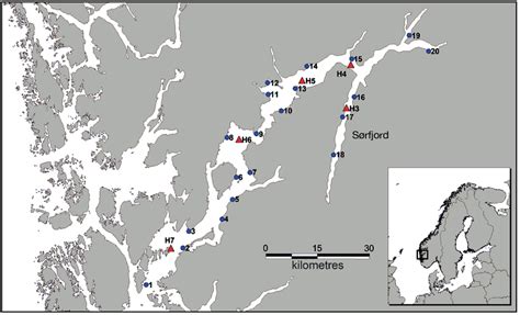 Map of Hardangerfjord study area with macroalgal sampling (1−20) and ...