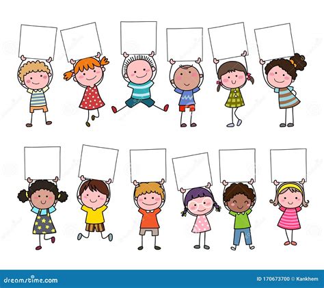 Set of Hand Drawn Cartoon Kids Holding Blank Sign Stock Vector ...