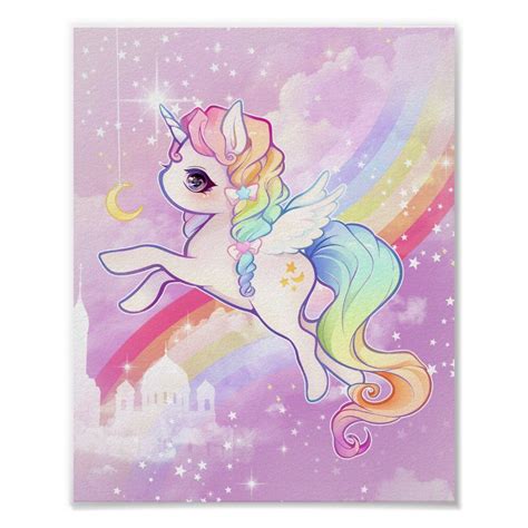 Cute Kawaii Pastel Unicorn With Rainbow And Castle Poster