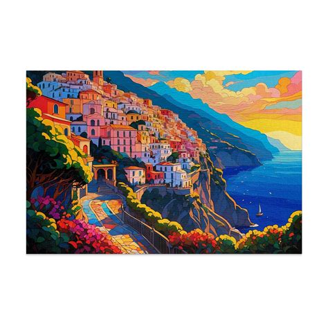 Amalfi Coast Italy Jigsaw Puzzle Stained Glass Style Colorful Travel