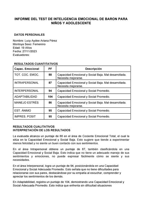 Práctica Test Baron INFORME DEL TEST DE INTELIGENCIA EMOCIONAL DE