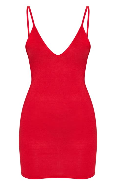 Basic Red Extreme Plunge Strappy Bodycon Dress Dresses Prettylittlething Aus