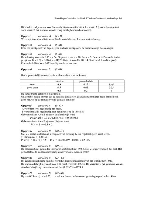 Proef Oefen Tentamen 2009 Antwoorden Uitwerkingen Statistiek 1 MAT