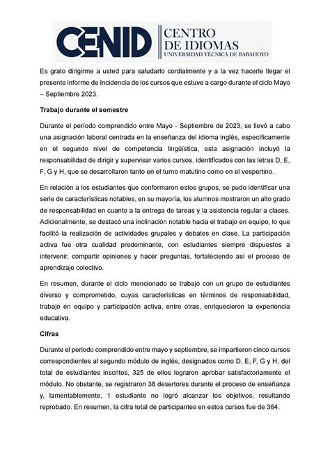 Informe De Incidencia A Es Grato Dirigirme A Usted Para Saludarlo