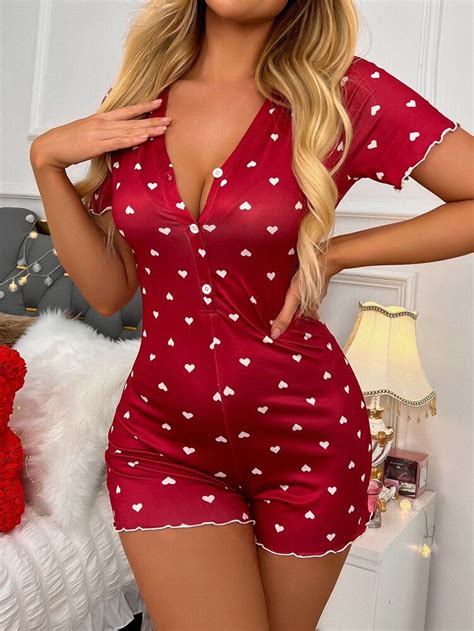 Heart Print Plunging Neck Romper In 2024 Clueless Outfits Cute Pajama Sets Fashion