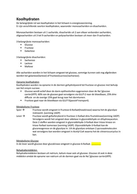 Metabolisme En Voeding Werkgroep Uitwerkingen 2 Koolhydraten De