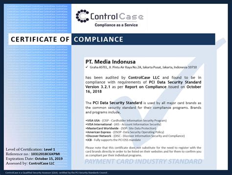 Certificate Of Compliance Pci Data Security Standard Faspay